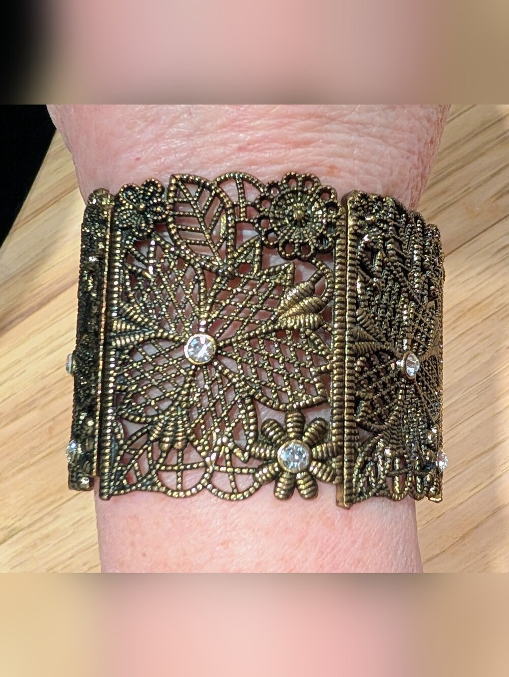 Filigree Floral Goldtone Bracelet with Crystal Accents
